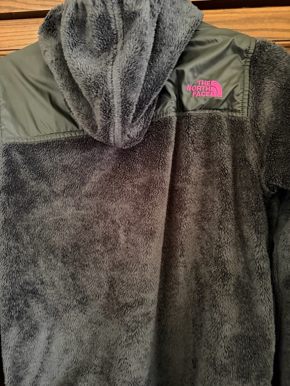 The North Face Kids' Plush Hooded Puffer Jacket - Dark Gray with Pink Logo